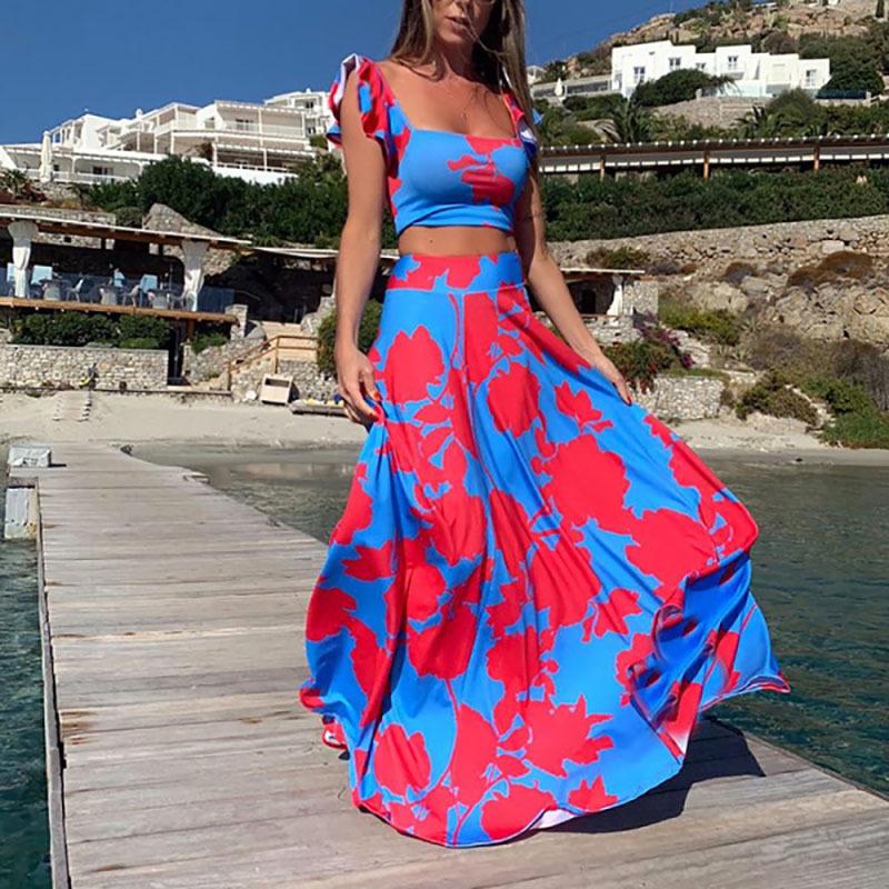 off shoulder floral printed crop top and long skirt two-piece set