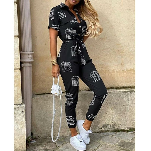 Short Sleeve High Waist Printed Long Jumpsuit