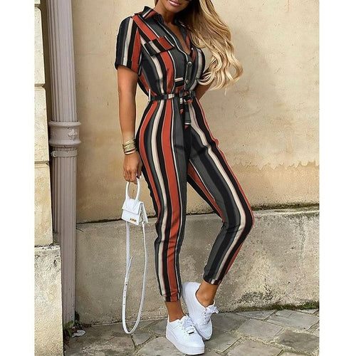 Short Sleeve High Waist Printed Long Jumpsuit
