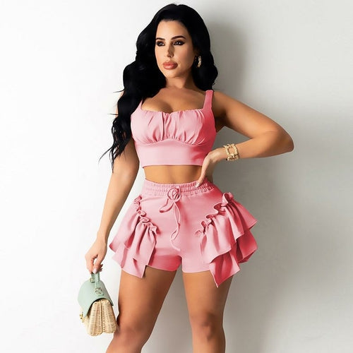 Sexy Ladies Beach Outfit Crop Tank Tops Ruffles Drawstring Shorts