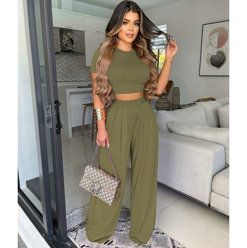 Woman Casual Crop TopTracksuit Loose Wide Leg Pants