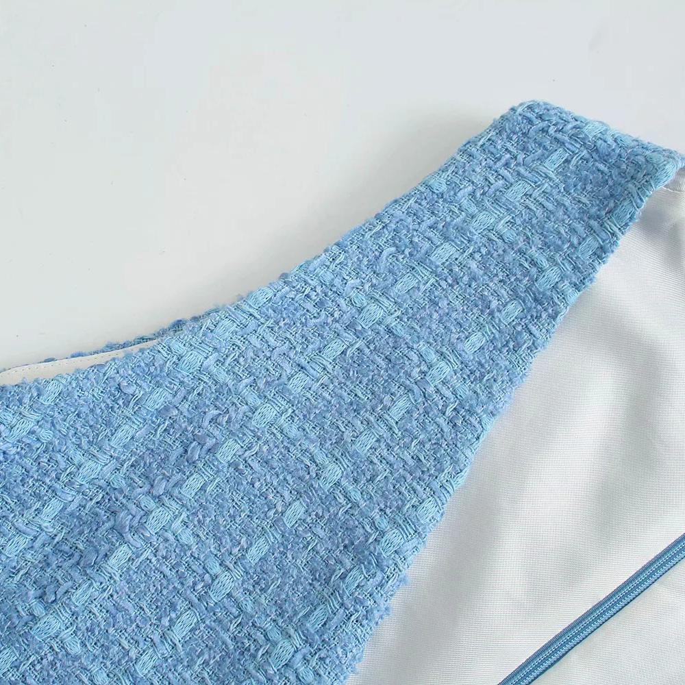 Tweed Knitted Blue Rompers Overalls Spring Autumn Ladies V Neck