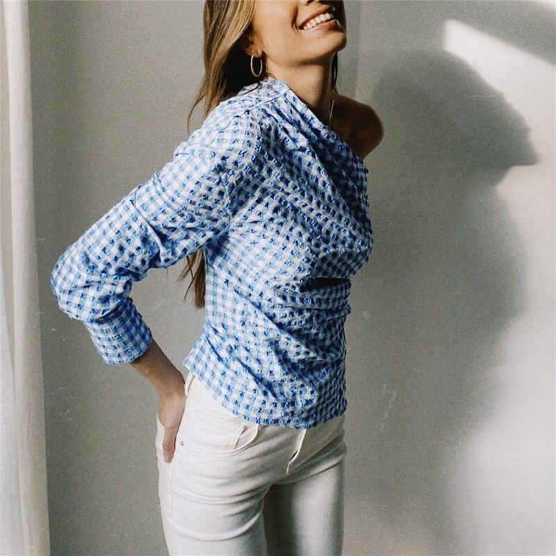 Woman Blue Skew Collar Plaid  Tops Ladies Elegant Button Top Female