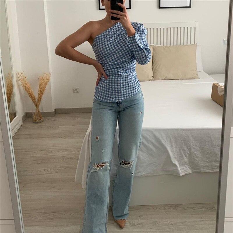 Woman Blue Skew Collar Plaid  Tops Ladies Elegant Button Top Female
