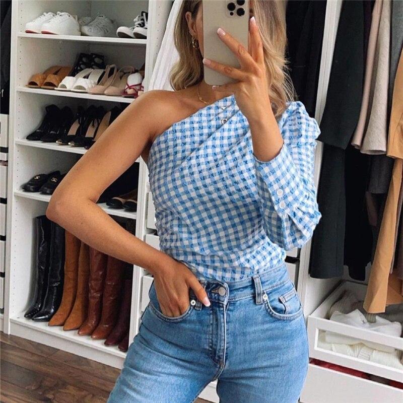 Woman Blue Skew Collar Plaid  Tops Ladies Elegant Button Top Female