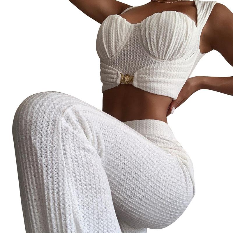 Women Buckle Tank+Flare Pants Solid Corset Loose High Waist Stretchy