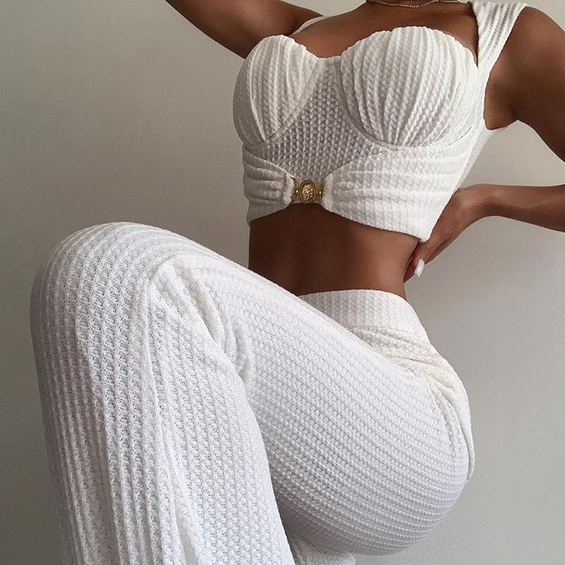 Women Buckle Tank+Flare Pants Solid Corset Loose High Waist Stretchy