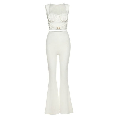 Women Buckle Tank+Flare Pants Solid Corset Loose High Waist Stretchy