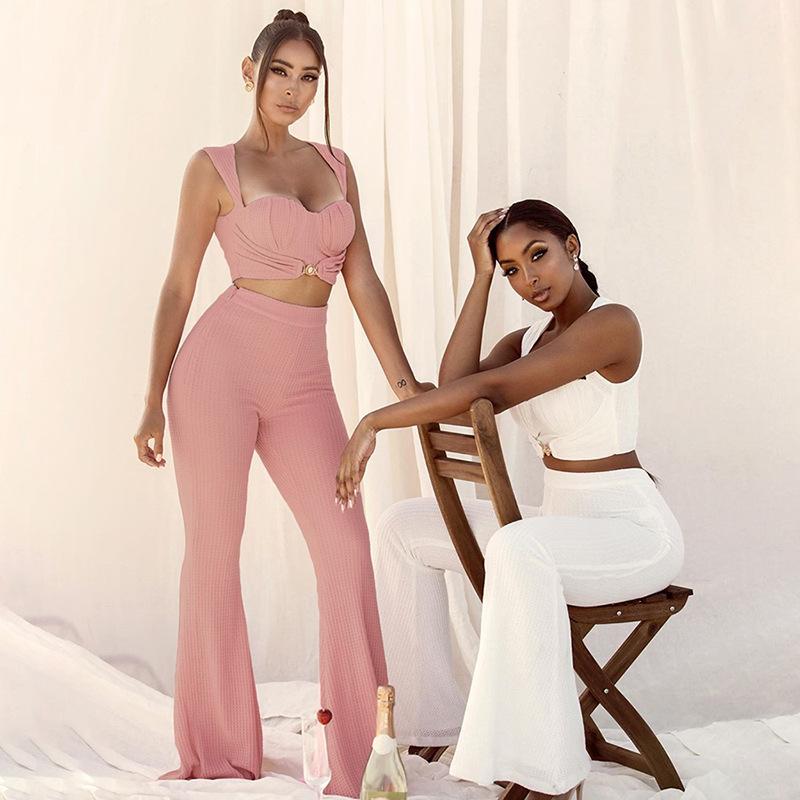Women Buckle Tank+Flare Pants Solid Corset Loose High Waist Stretchy