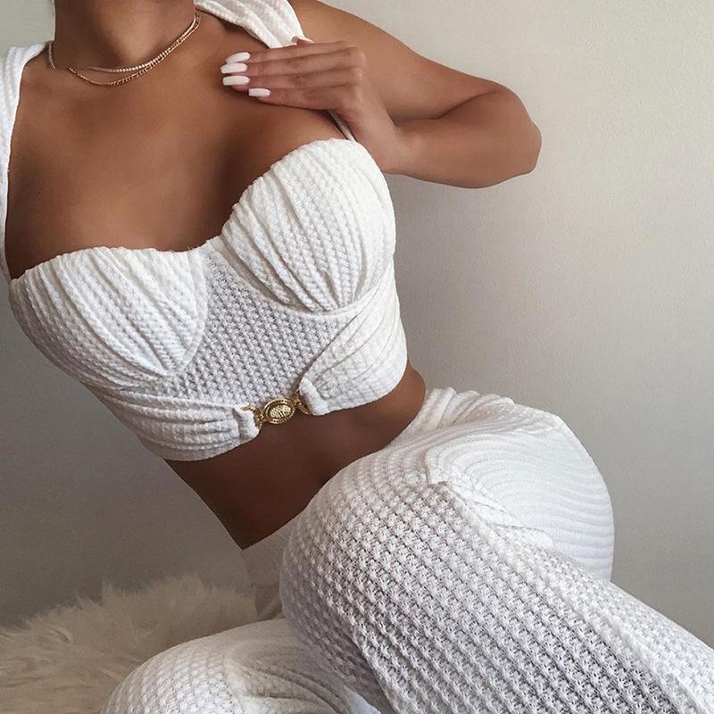Women Buckle Tank+Flare Pants Solid Corset Loose High Waist Stretchy