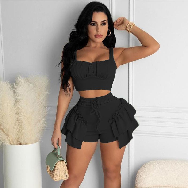 Sexy Ladies Beach Outfit Crop Tank Tops Ruffles Drawstring Shorts
