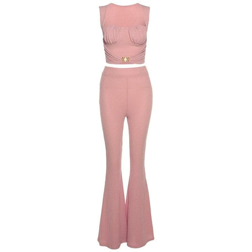 Women Buckle Tank+Flare Pants Solid Corset Loose High Waist Stretchy