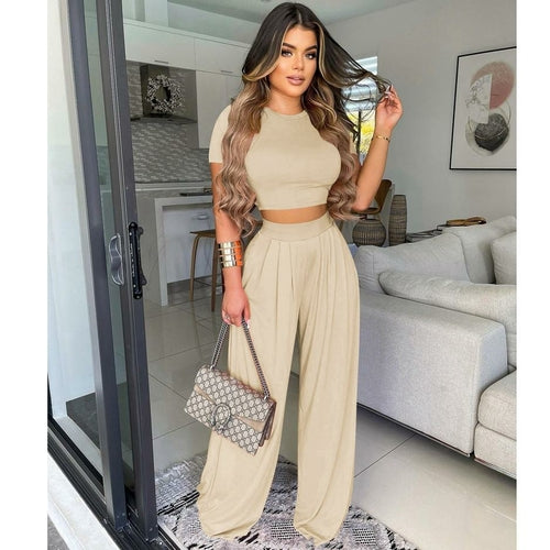 Woman Casual Crop TopTracksuit Loose Wide Leg Pants