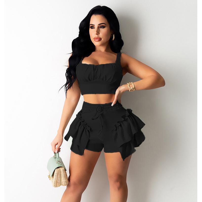 Sexy Ladies Beach Outfit Crop Tank Tops Ruffles Drawstring Shorts