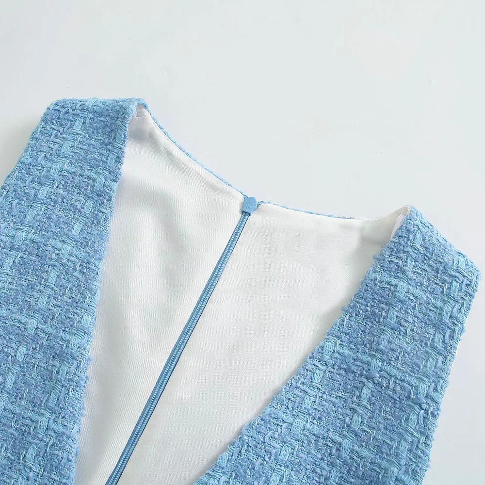 Tweed Knitted Blue Rompers Overalls Spring Autumn Ladies V Neck