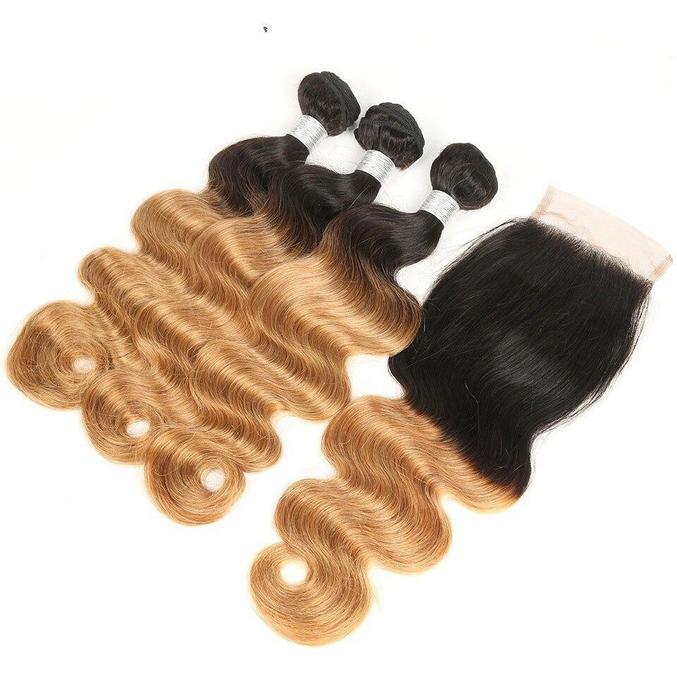 #27 Body Wave 10A Grade 1B/27 Hair BUNDLES with 4x4 CLOSURES & 13x4