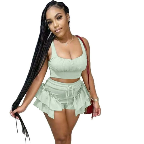 Sexy Ladies Beach Outfit Crop Tank Tops Ruffles Drawstring Shorts