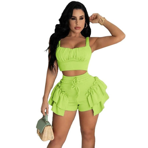 Sexy Ladies Beach Outfit Crop Tank Tops Ruffles Drawstring Shorts
