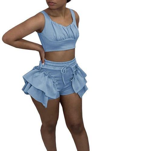 Sexy Ladies Beach Outfit Crop Tank Tops Ruffles Drawstring Shorts