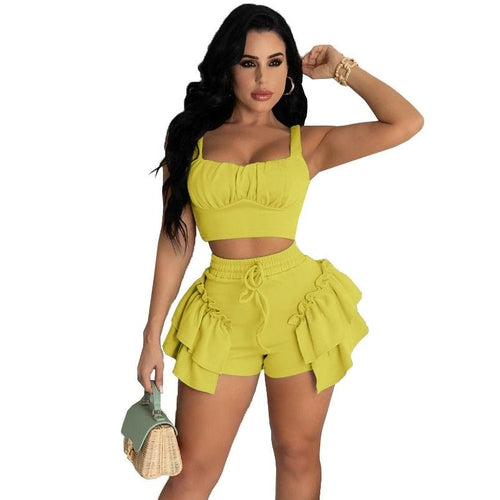 Sexy Ladies Beach Outfit Crop Tank Tops Ruffles Drawstring Shorts
