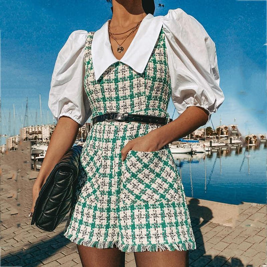 Tweed Knitted Plaid Romper Overalls for Women Vinatge Puff Sleeve