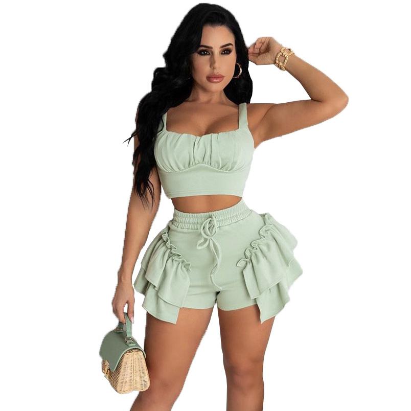 Sexy Ladies Beach Outfit Crop Tank Tops Ruffles Drawstring Shorts