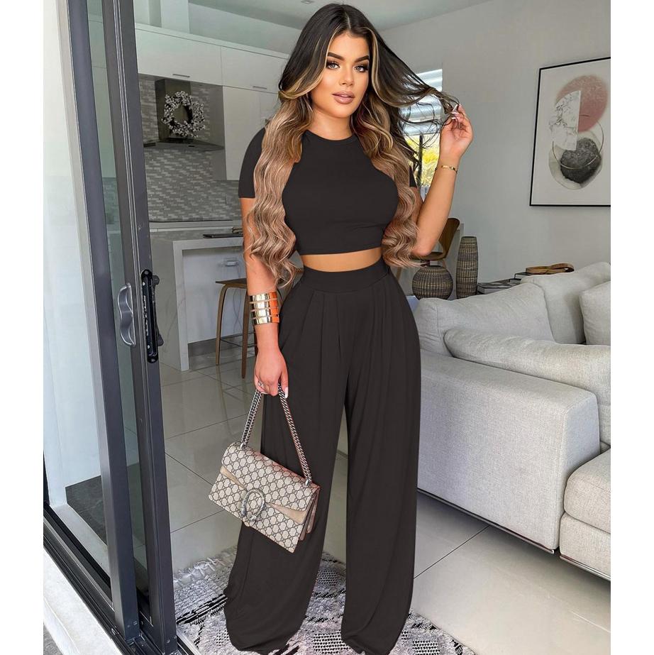 Woman Casual Crop TopTracksuit Loose Wide Leg Pants