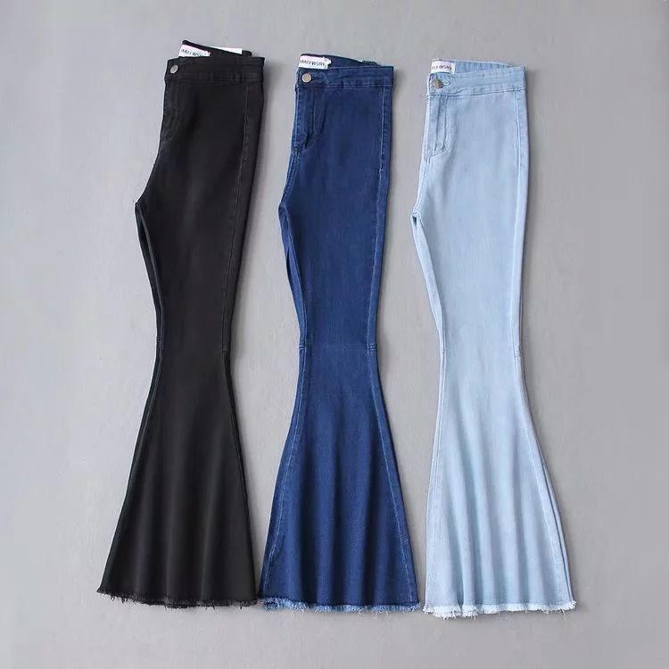 Women Fringe Loose Denim Jeans Flare Sleeve Pants