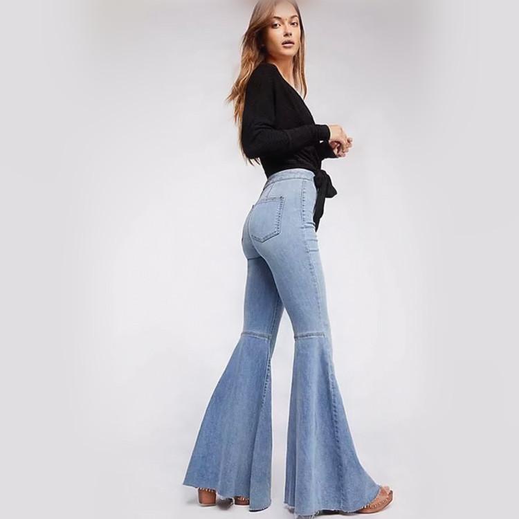 Women Fringe Loose Denim Jeans Flare Sleeve Pants