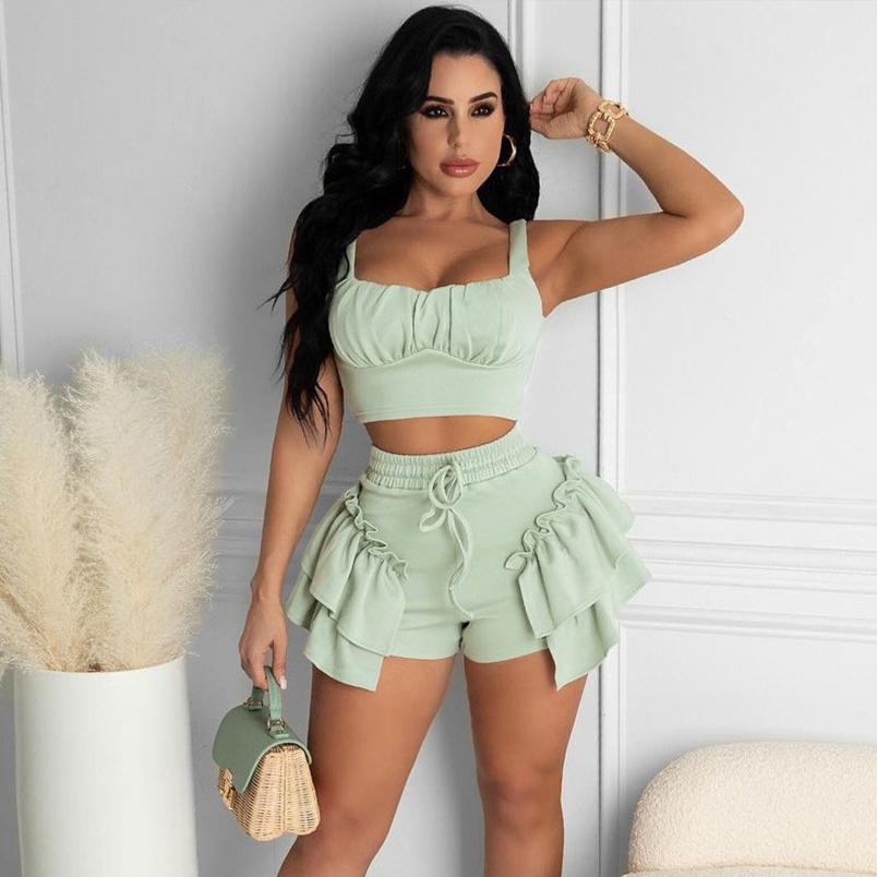 Sexy Ladies Beach Outfit Crop Tank Tops Ruffles Drawstring Shorts