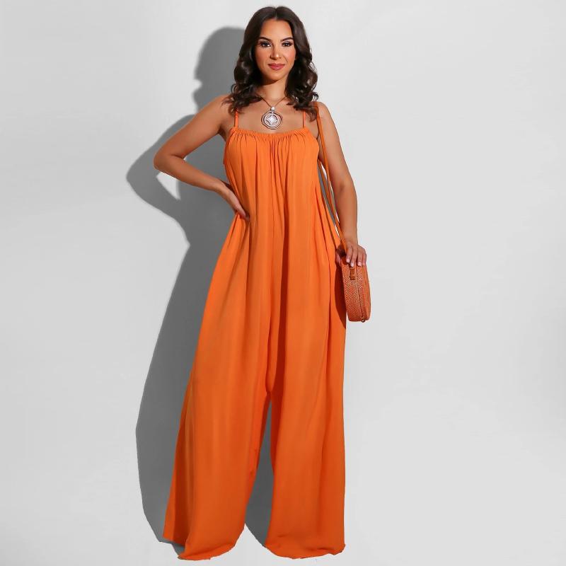 Summer Women Wide Leg Jumpsuit Solid Vintage Spaghetti Straps