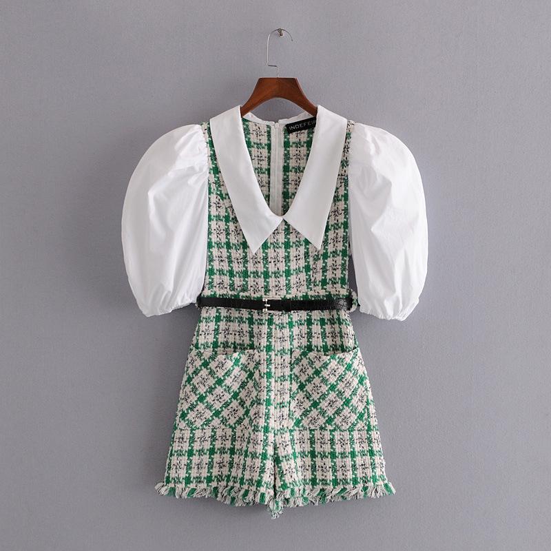 Tweed Knitted Plaid Romper Overalls for Women Vinatge Puff Sleeve