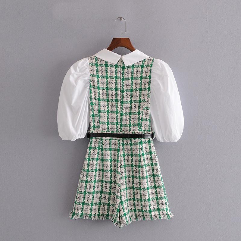 Tweed Knitted Plaid Romper Overalls for Women Vinatge Puff Sleeve