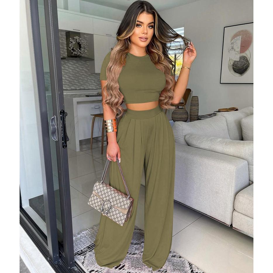 Woman Casual Crop TopTracksuit Loose Wide Leg Pants