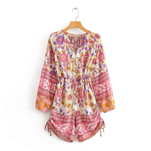 Bohemian Lace Up Pink Floral Print Playsuits Romper Women Elastic