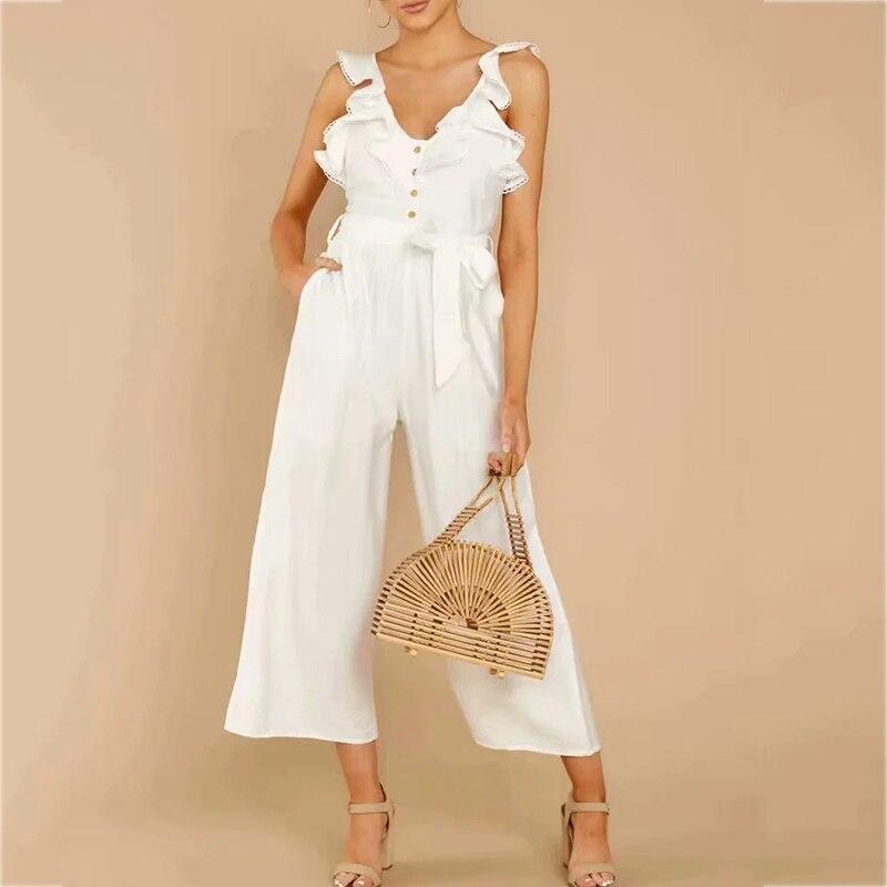 Ruffle Sleeveless Button White Jumpsuits Overalls Wide Leg Hollow Out