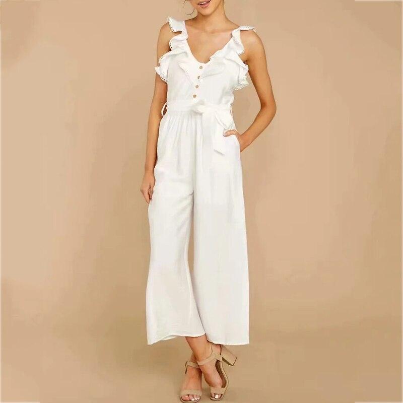 Ruffle Sleeveless Button White Jumpsuits Overalls Wide Leg Hollow Out