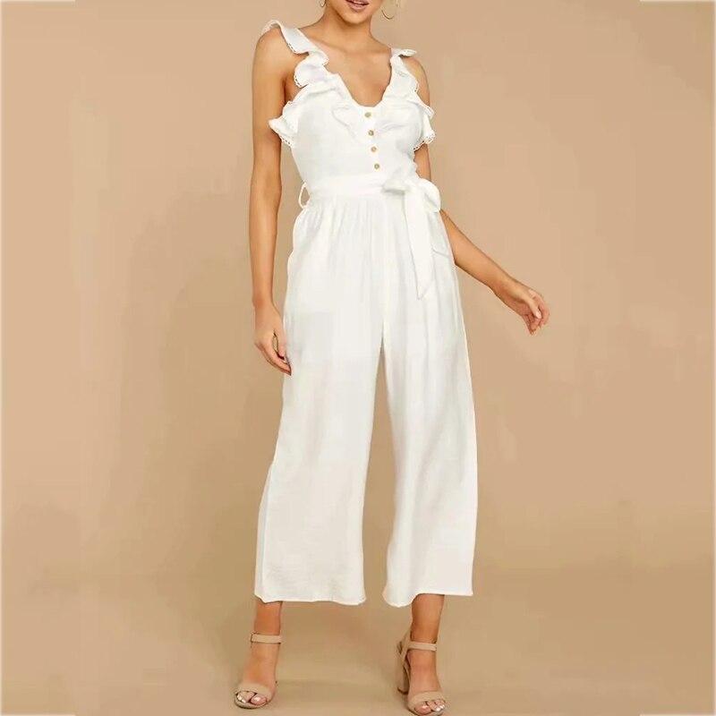 Ruffle Sleeveless Button White Jumpsuits Overalls Wide Leg Hollow Out