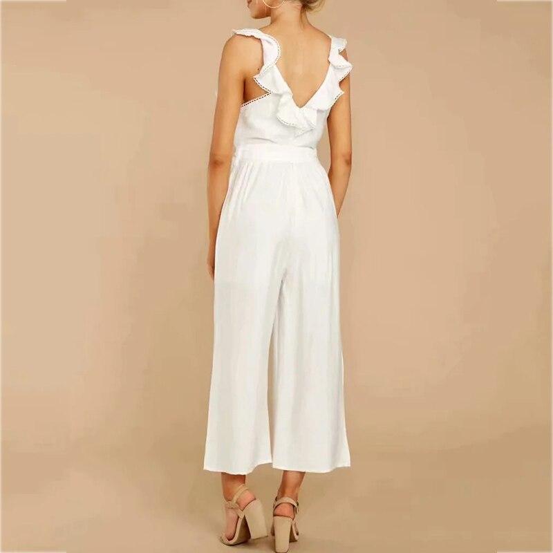 Ruffle Sleeveless Button White Jumpsuits Overalls Wide Leg Hollow Out