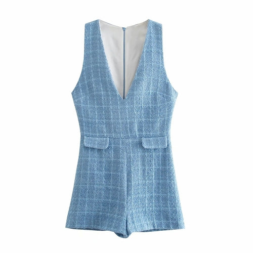 Tweed Knitted Blue Rompers Overalls Spring Autumn Ladies V Neck
