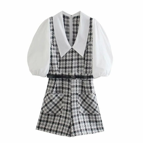 Tweed Knitted Plaid Romper Overalls for Women Vinatge Puff Sleeve