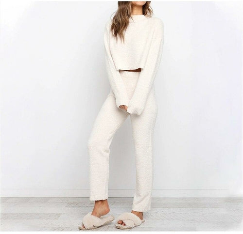 White Knitted Two Piece Set For Women O Neck Long Sleeve Short Top
