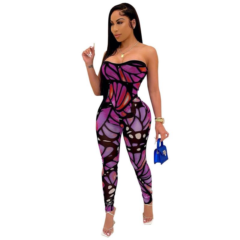 Butterfly Print Sexy Jumpsuit Women Bodycon Club Party Rompers Womens