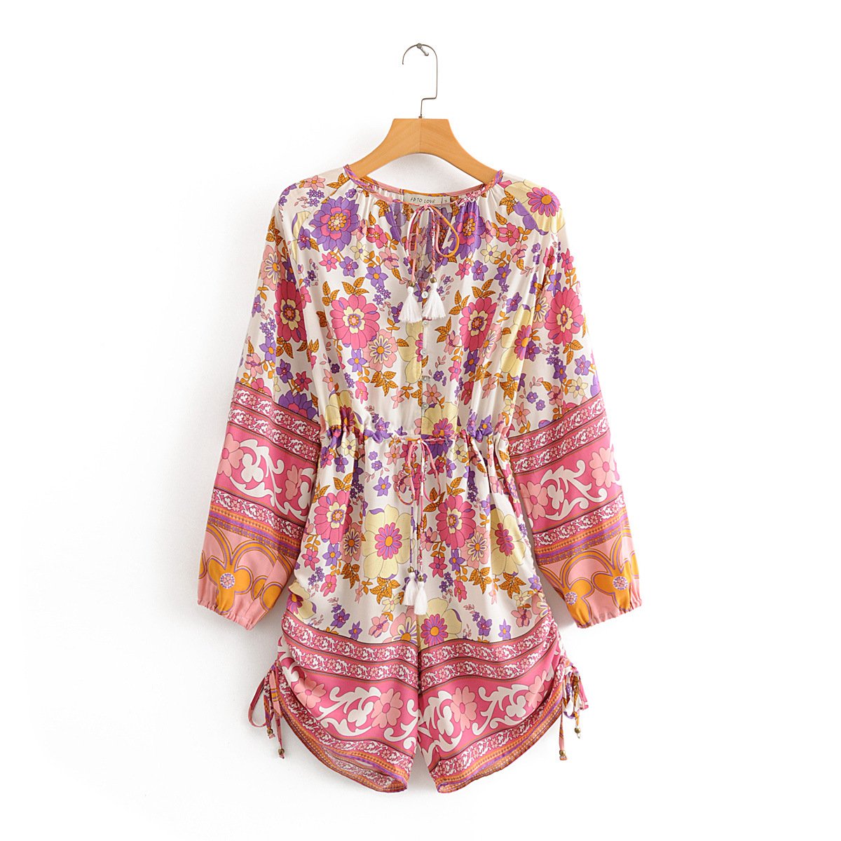 Bohemian Lace Up Pink Floral Print Playsuits Romper Women Elastic