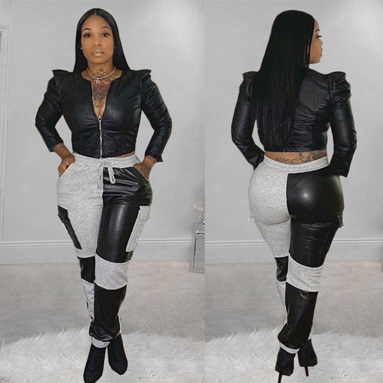 European and American mid-waist pants sweater leather stitching
