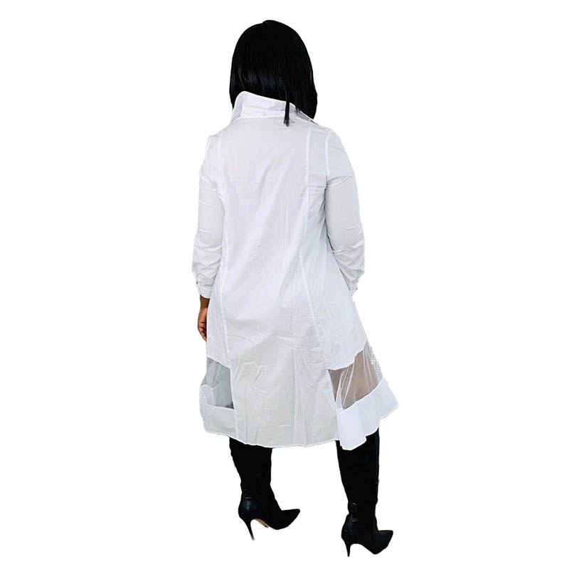 High Quality Casual Stitching Mesh Cardigan Shirt Midi Dress