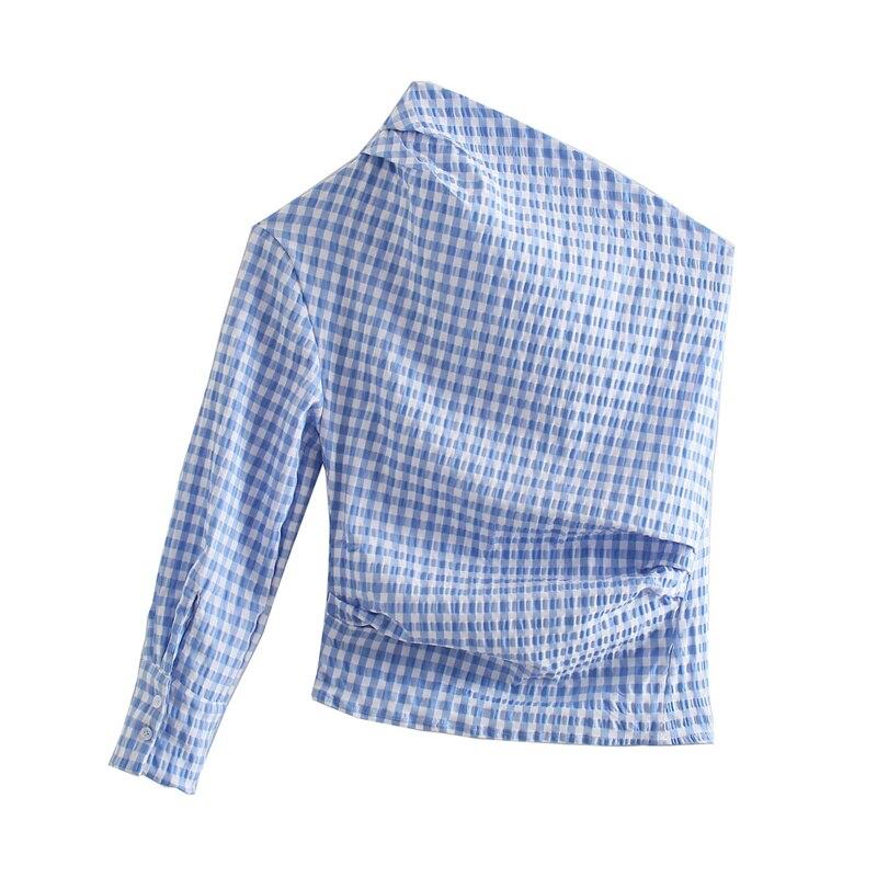 Woman Blue Skew Collar Plaid  Tops Ladies Elegant Button Top Female