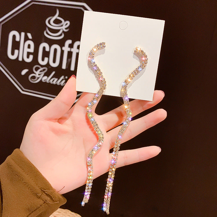 2020 silver snake shape long rhinestone earrings
