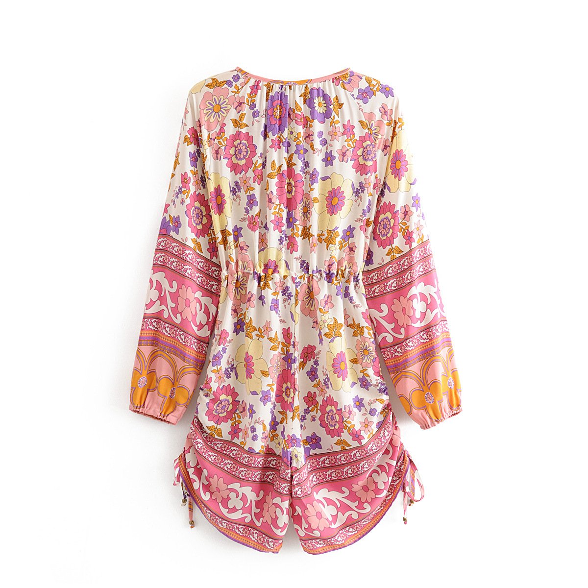 Bohemian Lace Up Pink Floral Print Playsuits Romper Women Elastic