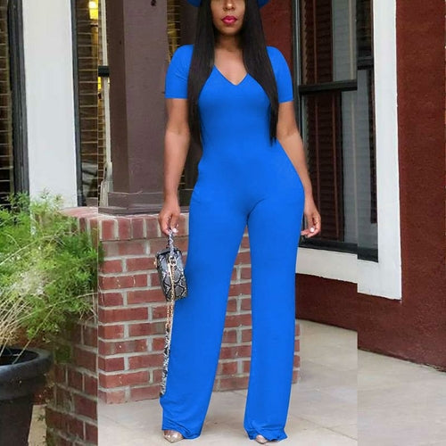 Short Sleeve V Neck Solid Slim Jumpsuit Casual Summer Long Overalls